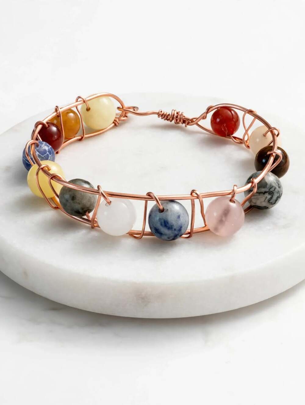 Handmade Copper Wire Wrapped Gemstone Natural Stone Bead Cuff Bracelet